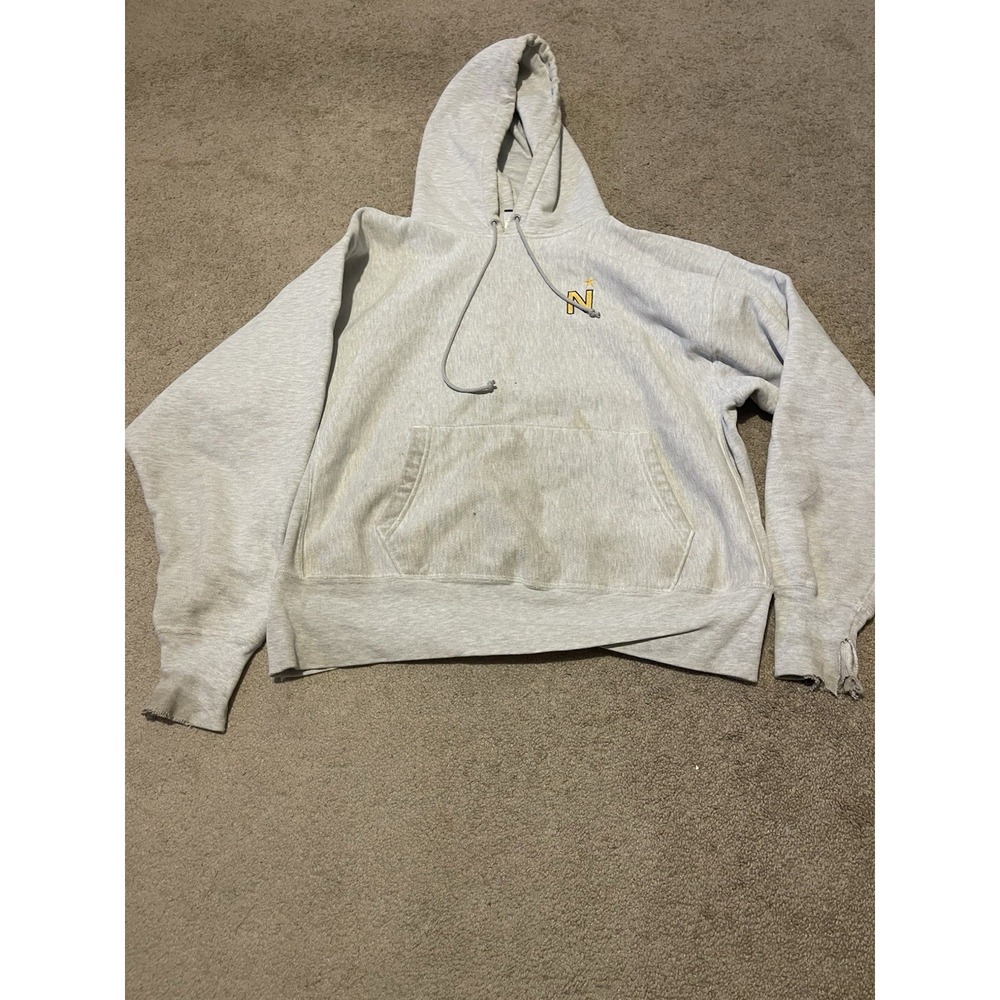 VTG 80s-90s Champions Navy Reverse Weave Distressed Grey Hoodie Size Extra Large